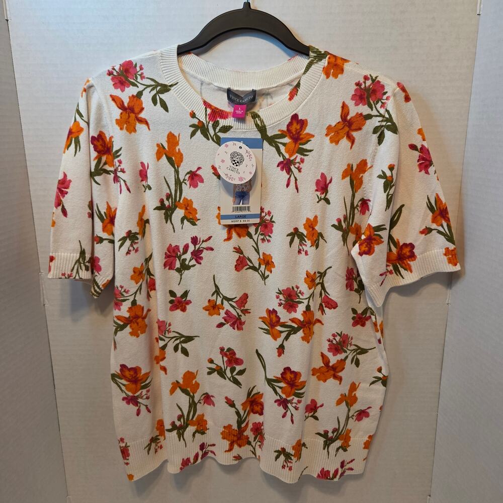 NWT Vince Camuto SS Sweater Cream with orange and pink floral print size L